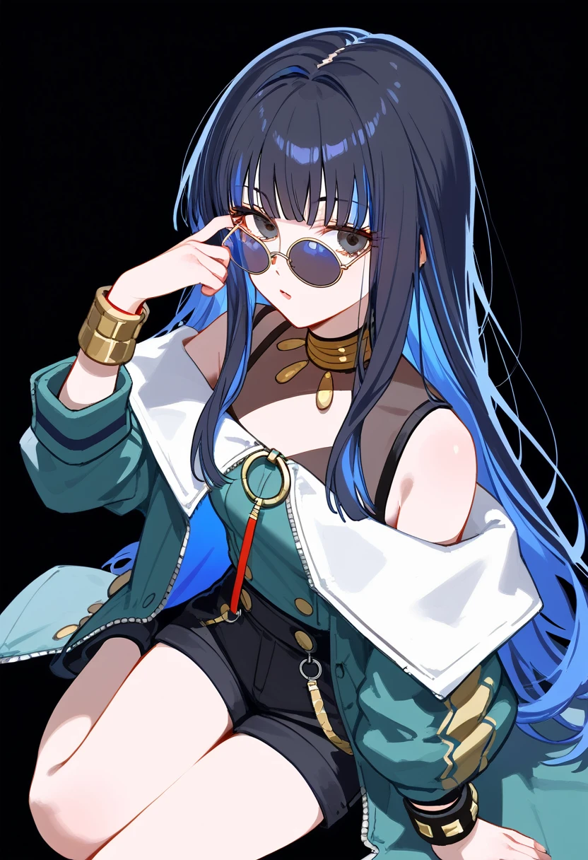 Sitting expression pack, 1 Girl, Solitary, Long hair, Black Hair, Colored undercoat, Blue Hair, curls, Eyeliner, makeup, Jewelry, Berets, O-rings, Neck Ring, Black shorts, Buttons, Round Sunglasses, bracelet, 裸Off-shoulder膀, Green jacket, White jacket, Off-shoulder, zipper, from above, black background, Simple background, masterpiece, Fraction_9, Fraction_8_up, Fraction_7_up