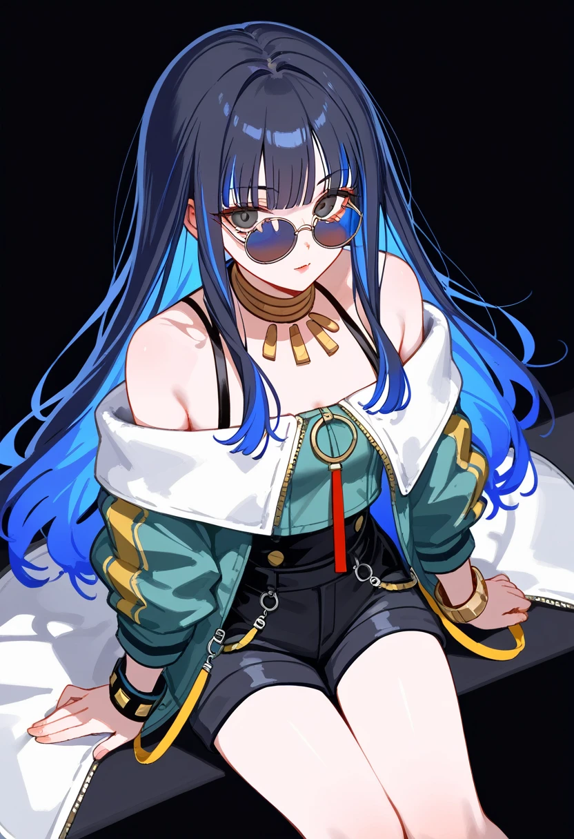 Sitting expression pack, 1 Girl, Solitary, Long hair, Black Hair, Colored undercoat, Blue Hair, curls, Eyeliner, makeup, Jewelry, Berets, O-rings, Neck Ring, Black shorts, Buttons, Round Sunglasses, bracelet, 裸Off-shoulder膀, Green jacket, White jacket, Off-shoulder, zipper, from above, black background, Simple background, masterpiece, Fraction_9, Fraction_8_up, Fraction_7_up