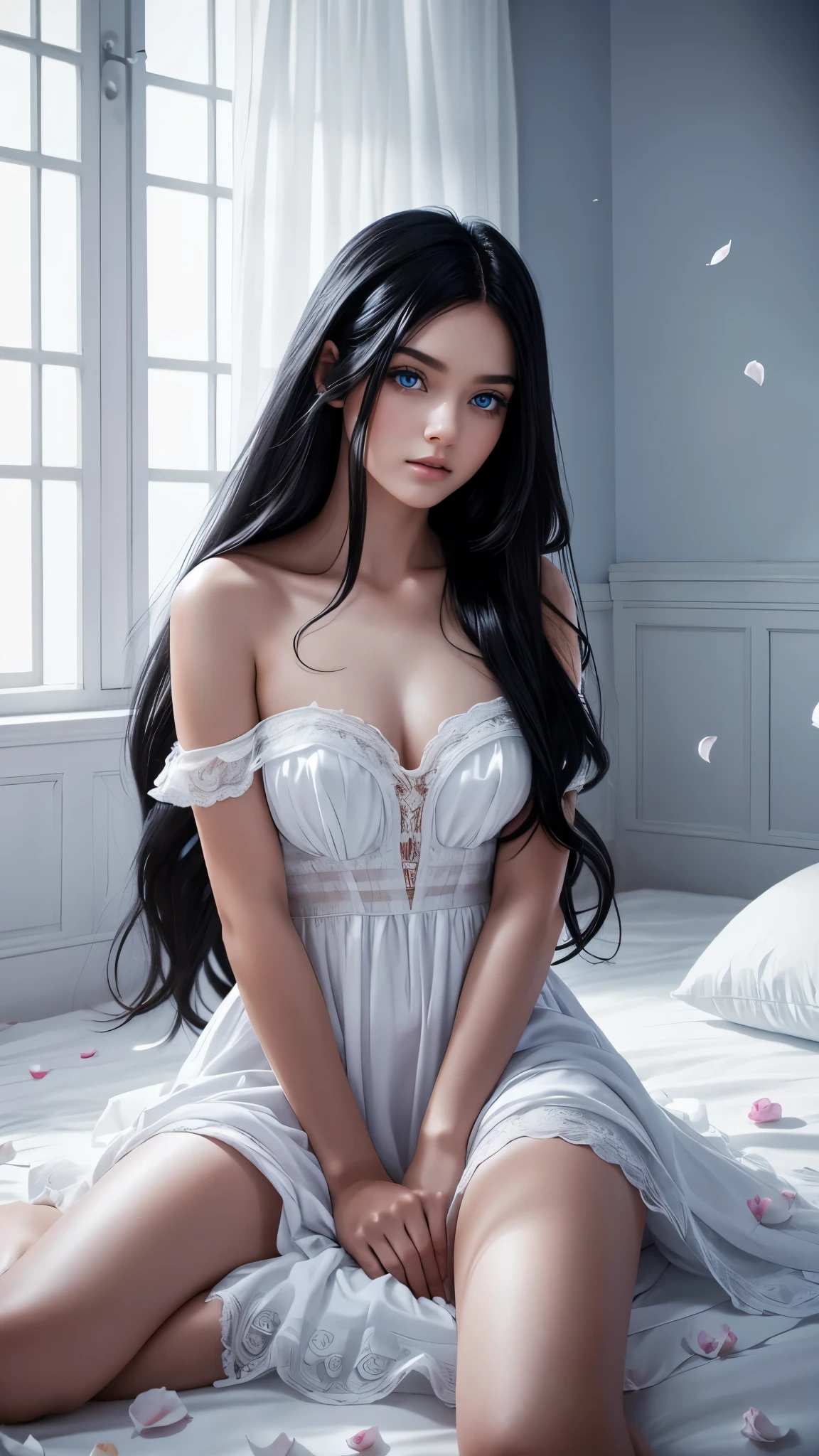 Beautiful black-haired girl with blue eyes and long hair wearing white dress inside a room sitting on a bed with rose petals photo shoot 