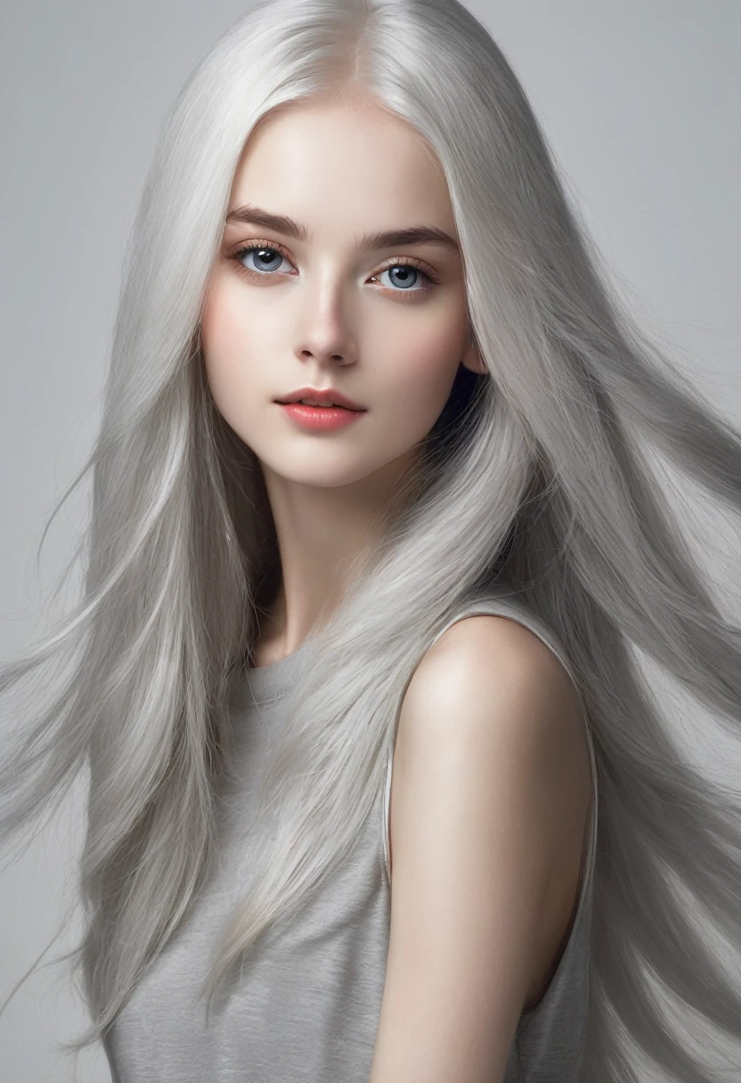 young girl(). straight, White hair. thin, Noble features. Very white skin. grey eyes. thin белые брови. The face is oval. thin, Straight nose. Shoulders are bare.