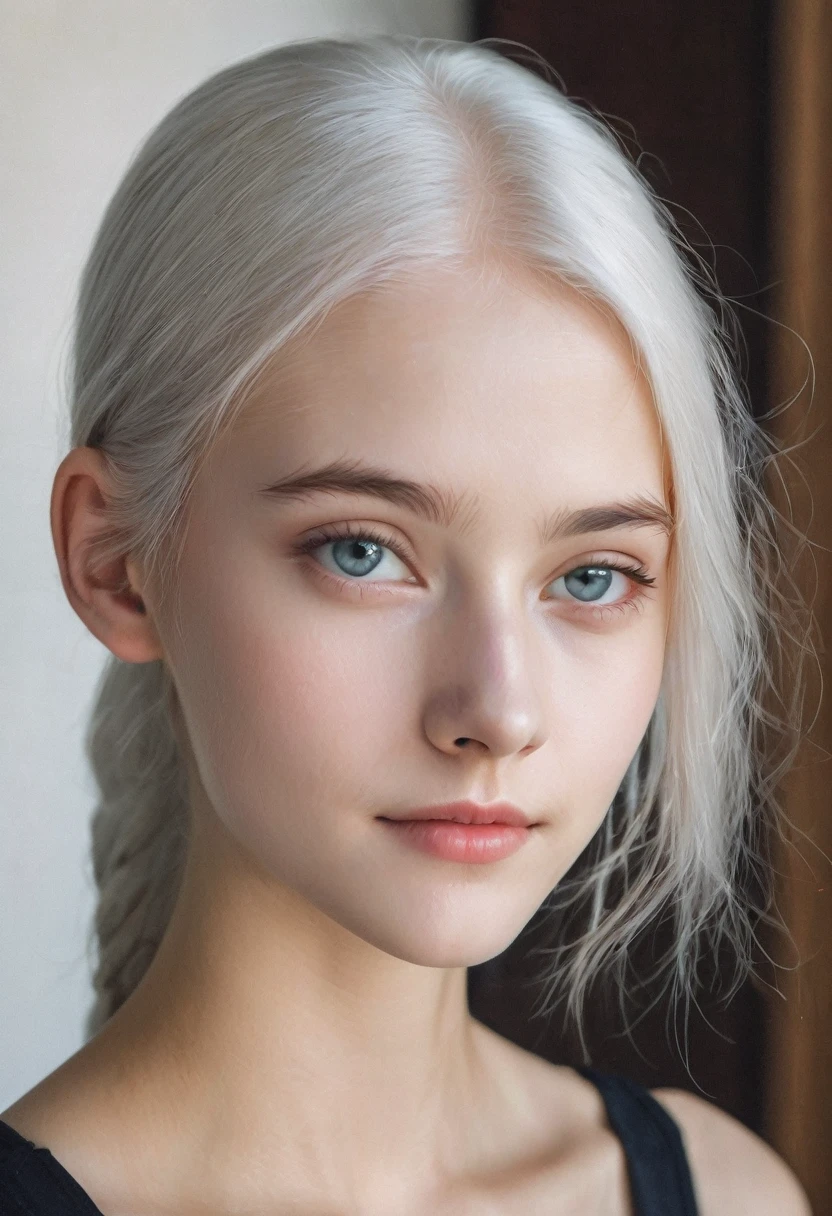 young girl(16 years). straight, White hair. thin, Noble features. Very white skin. grey eyes. thin белые брови. The face is oval. thin, Straight nose. Shoulders are bare.