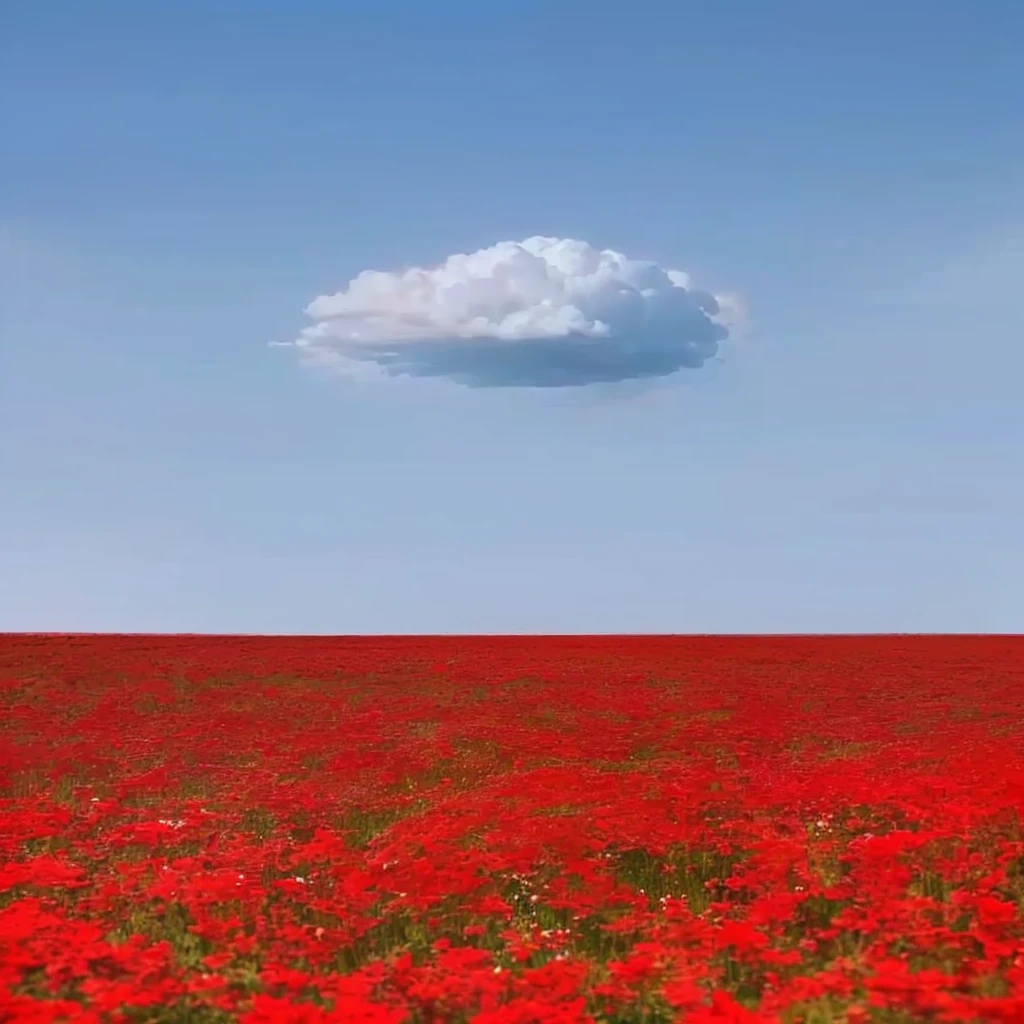There is a lone cloud in the sky,Floating on a field of red flowers, Beautiful clouds, Peaceful Clouds, Inspired by Storm Thorgerson, breathtaking composition, Dead but beautiful. , Very beautiful photos, Peaceful Cloudss, really Beautiful nature, Amazing composition, Beautiful cloudss, Magic cloud background, interesting composition, Stunning clouds, Stunning sight, Mushroom cloud on the horizon, Beautiful nature