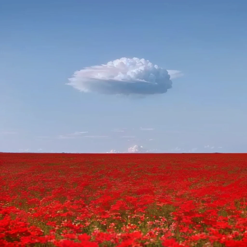 There is a lone cloud in the sky，Floating on a field of red flowers, Beautiful clouds, Peaceful Clouds, Inspired by Storm Thorgerson, breathtaking composition, Dead but beautiful. , Very beautiful photos, Peaceful Cloudss, really Beautiful nature, Amazing composition, Beautiful cloudss, Magic cloud background, interesting composition, Stunning clouds, Stunning sight, Mushroom cloud on the horizon, Beautiful nature