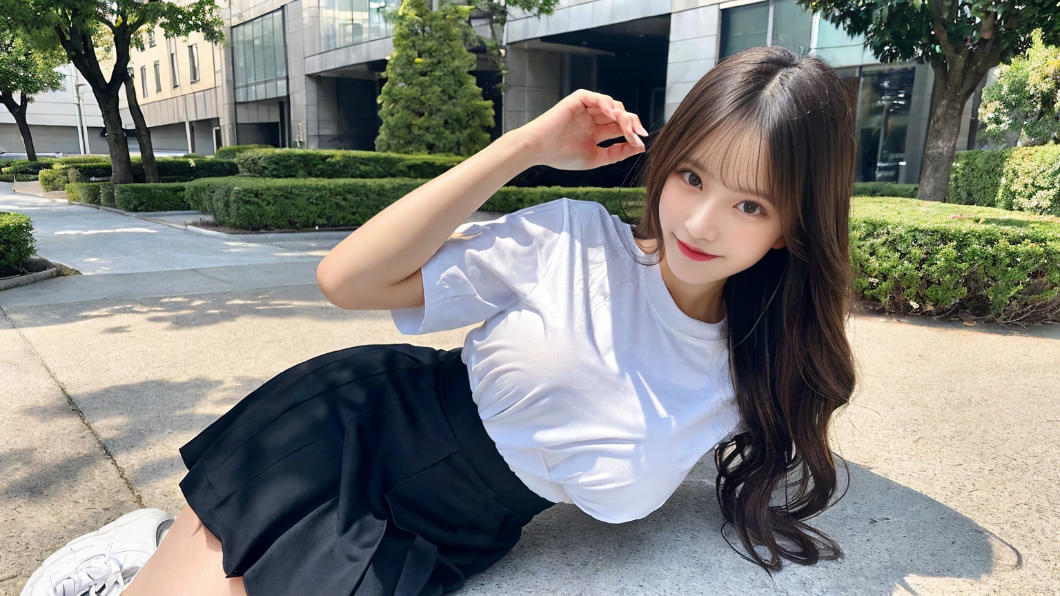 (highest quality, table top, 8K, best image quality, Award-winning work), one university girl, 22 years old, (alone:1.1), perfect beautiful composition, ((Full body:1.3)), (natural big breasts that are about to burst:1.2), (emphasize body line:1.1), slender body, ((perfect and accurate white polyester shirt:1.3)), (black pleated miniskirt:1.1) look at me and smile, (Beautiful park background with strong blur:1.1), The most natural and perfect beauty park、perfectly maintained park, ((random sexy pose:1.3)), natural makeup, Ultra high definition beauty face, ultra high definition hair, Super high-definition sparkling eyes, (Super high resolution glossy skin:1.1), Super high resolution glossy lips, accurate anatomy, (very bright and vivid:1.1), (dark brown wavy long hair), Ultra High Detail Body, ultra high detail hands