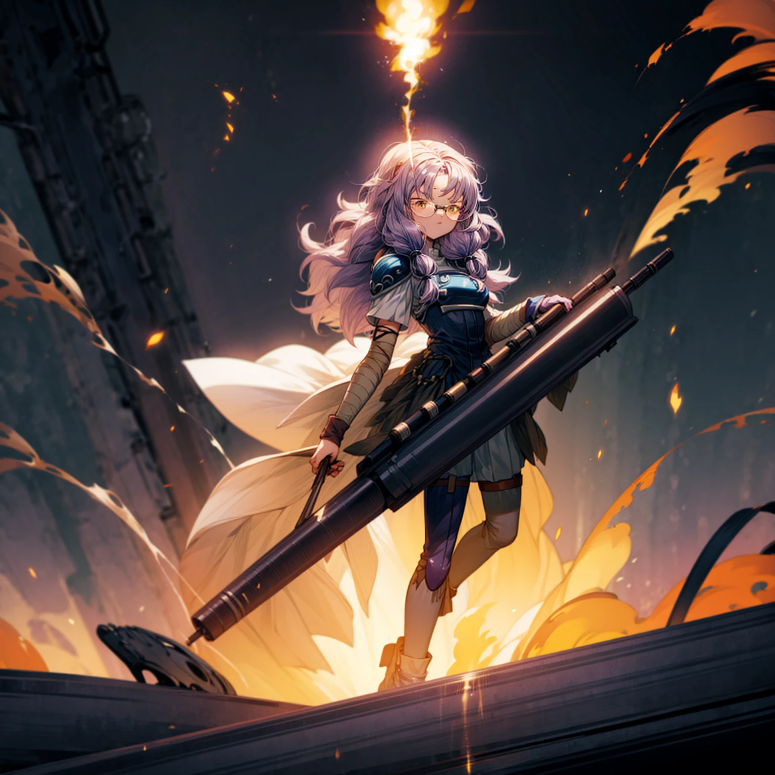 1girl, 1character, gold eyes, long Curly haircut, lavender color hair, army style clothing, white glasses, Long socks, boots army,  full iron armor, bandage on hand, Grassroots, background in fire city street, motion blur, (dragon ball style art), Big robot gun in hand, smoke effect, aura effect, Fire, lighting fire, plasma effect, fire city, (high angle view, full body view version, angry eyes)