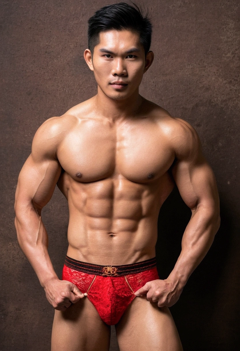 naked hairy thai model asian, wear red underwear,sexy, hyper muscular, six pack, full body shooting