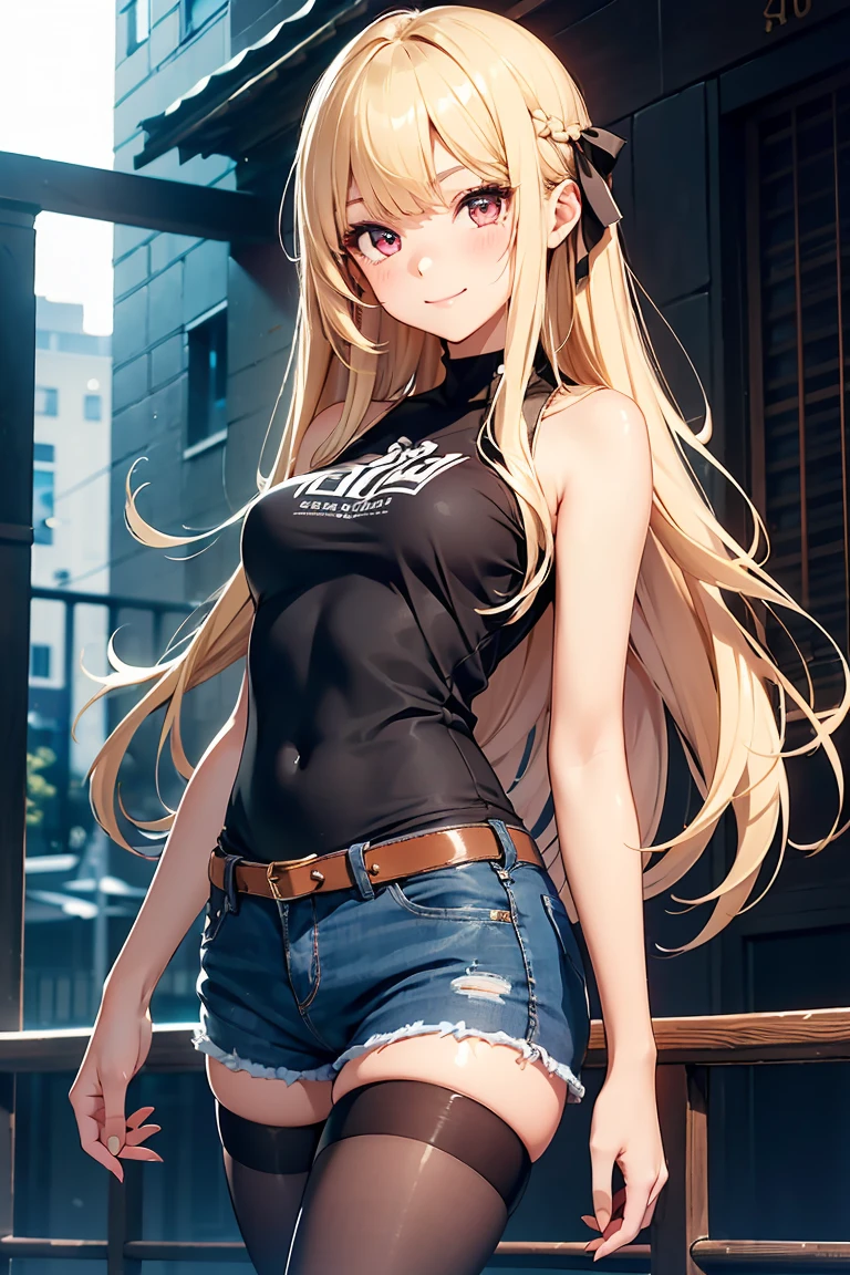 1girl, anime girl, anime, (dark skin), 2d girl, 18y, (fullbody), standing, anime girl, pensive, (blonde hair), ((black blouse)), Solo, Slim, large breasts, big , big Breasts, Tight Shorts, low waist shorts, upshorts, skyscrapers background, modern city, looking at viewer, darker shadows, (((Wedgie))), (((explicit))), (((shorts))), (((absurdres))), (((thigh gap))), (((cleft of venus))), (((lowleg shorts))), (((innie pussy))), (((inniepussy))), (((innie_pussy))), (((pussy heart cutout)))