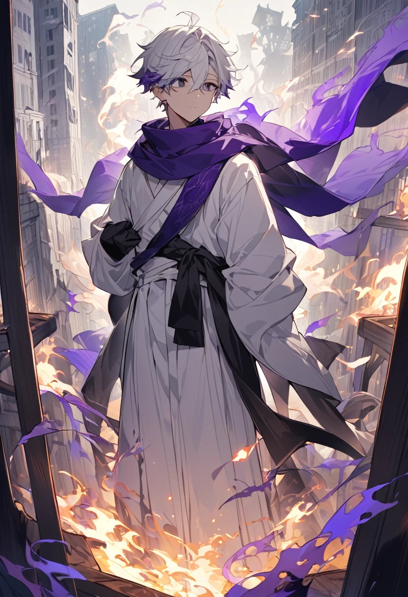 Shawm - 21 years old grown up, which was destined for a greater doings. Shawm is a young man, around 21 years old, a sorcerer which is quite skilled in the magic of cursed purple flames. He's 174 cm long, well built. Usually frowning face shows no sign of emotion, and his half-closed emotionless blank black eyes only consolidate that fact. Tousled white hair with a slight purple colour in it's roots brushed behind, with a small bunch of it sticking up before his eyes. Usually he's dressed in a white shirt, white hakama and black runners. On the neck he wears black long scarf which covers his mouth, with two tips waving behind his back, and on the waist usually wrapped his black and white coloured jacket, wrapped by its sleeves around his body. Cursed flames gather around his figure in a small spiritual swirls. Image should show Shawm in profile, sitting at the edge of the city's building.