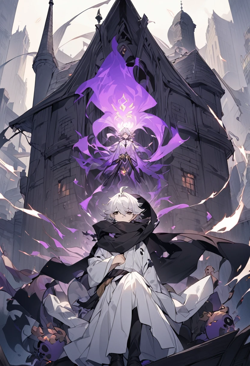 highest quality、masterpiece、man in silhouette、dark scary background、suspicious light young man ,young man ,Male Dark, dark Woods, cold colors, man white hair with blue eye, Warlock dnd , Skeleton army in background