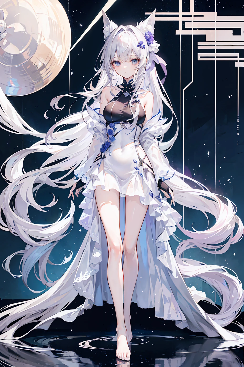 Lilac gradient hair,Asymmetrical hair,((Hair is very thick 1.8,Hair is well-defined1.6)), Hair over the shoulder, messy hair, Very long hair, shinny hair,(Long gray hair:1.2),A beautyful girl,(Luxury Platinum Mini Ultra Short Platinum ,Made of transparent material),(Transparent clothes transparent 1.8),perfect body figure,big thin legs,slenderness,(looking sad,Haggard complexion ,grieves,close your mouth:1.2) Against the backdrop of an unusually bright dark starry sky,(Place your hands behind your back),(Round,tuba, firm breastfoot,afloat,waterface,(long leges,long leges,long leges,Perfect leg shape),Full body photo。