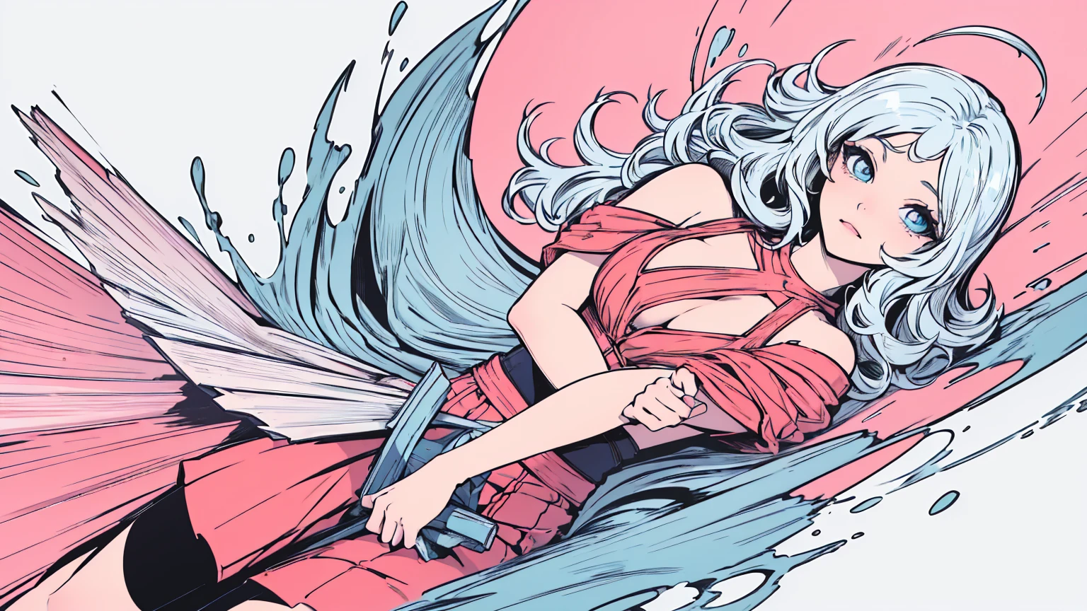 (masterpiece, best quality), beautiful woman, soft light, hakama, short skirt, (cleveage), (off-the-shoulder clothes),wavy hair, asymmetrical bangs, perfect face, beautiful face, alluring, big gorgeous eyes, soft smile, perfect slim fit body, (standing), abstract background, bright colors, (risograph), medium breasts, (solo), sexy