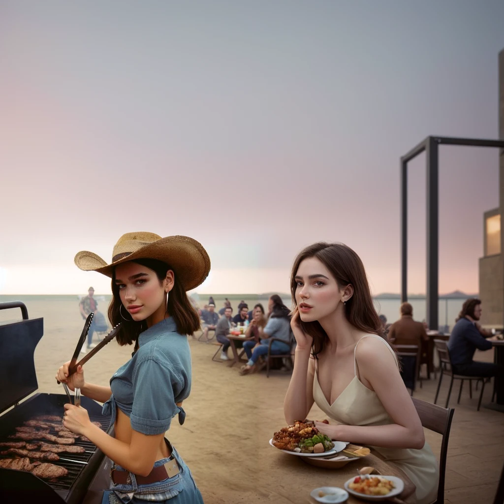 a terrace outdoors with tables and people eating, detailed dining scene,, beautiful detailed eyes, beautiful detailed lips, extremely detailed eyes and face, long eyelashes, beautiful woman sitting at the table, elegant dress, warm lighting, golden hour, soft focus, mouthwatering food on the table, vibrant colors, photorealistic, 8k, hyper detailed, cinematic composition, natural lighting, masterpiece