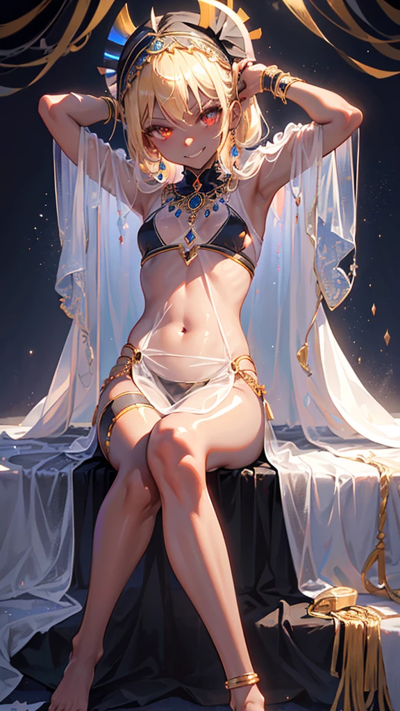 1girl, Angle from below:1.8, The girl bends forward to show off her breasts、legs apart, (Blade), (Tanned shiny black skin:1.6)、Glowing Eyes, ((Sexy evil grin)), ( girl), blondes、Twin tails、forehead、Small breasts, hat, ((((arabian clothes, see-through)), (headband), (Areola Slip), small breasts, (jewelry)))、desert, ((sahara)), ((focus foot))、(Put your hands behind your head), (crotch), (foot),((foot)), Sole、(Sit crossed legs), 