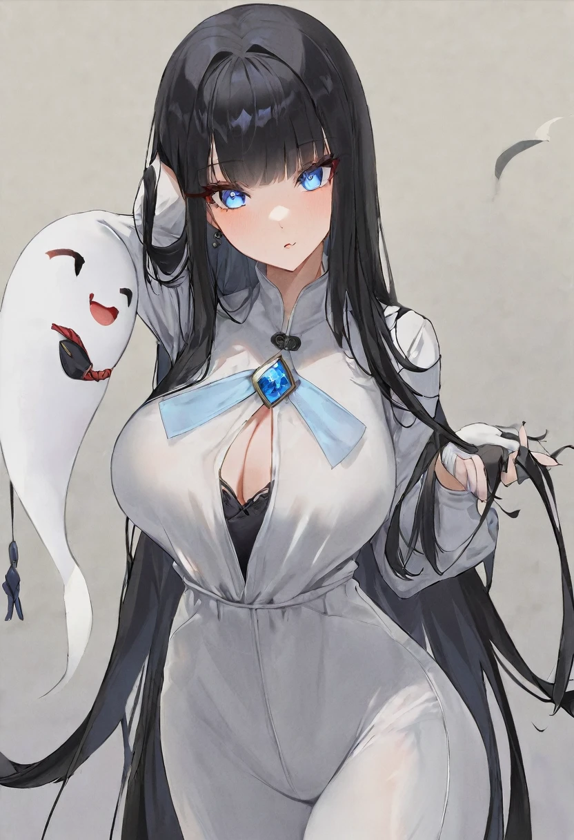 Black long hair，blue eyes，woman，Wearing a white jumpsuit that covers the head，Sometimes a little bit of blue embellishment，good body shape，It's a ghost