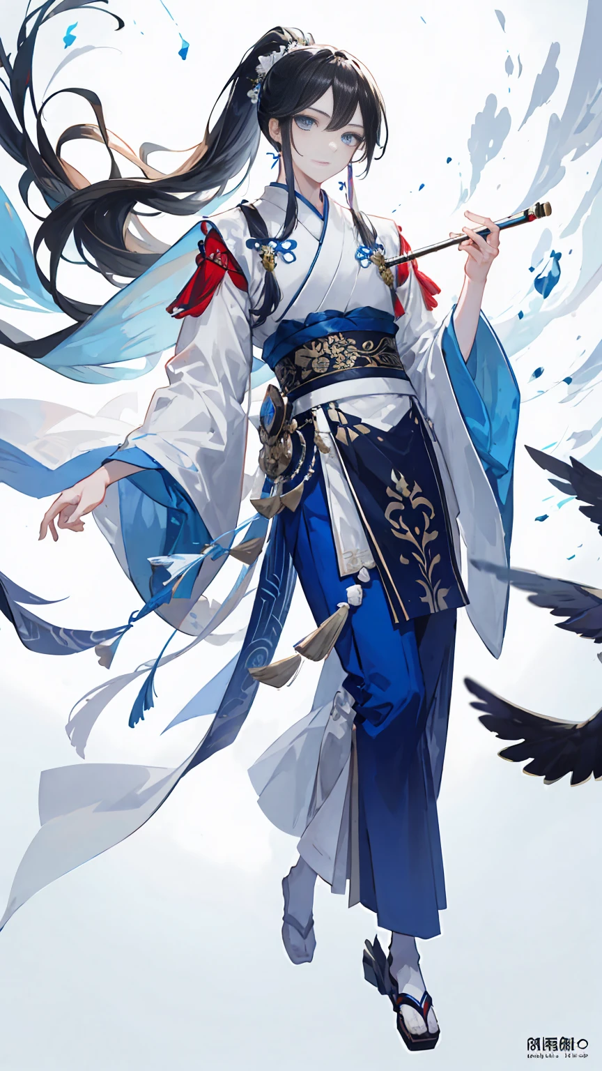 floating,((Flute)),Hair Bunch,High Ponytail,antiquity,Hanfu,White long hair,male,(masterpiece), 独奏,best quality, Full body portrait,full body,(depth of field), beautifully painted, highly detailed, (illustration),White long hair,((young man)),((handsome face)),(White long hair), beautiful detailed eyes, (blue eyes),longeyelashes,