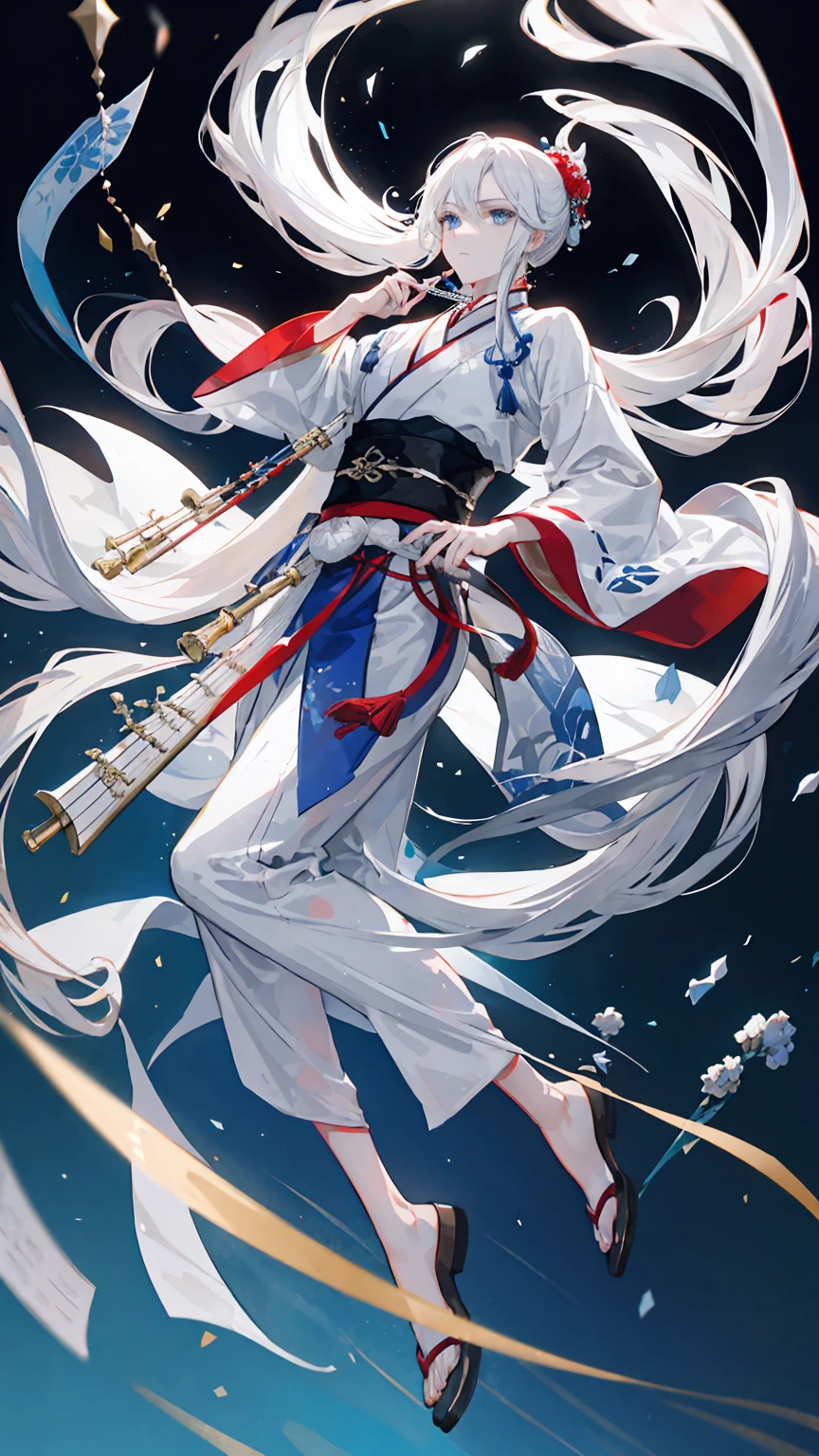 floating,((Flute)),Hair Bunch,High Ponytail,antiquity,Hanfu,White long hair,male,(masterpiece), 独奏,best quality, Full body portrait,full body,(depth of field), beautifully painted, highly detailed, (illustration),White long hair,((young man)),((handsome face)),(White long hair), beautiful detailed eyes, (blue eyes),longeyelashes,