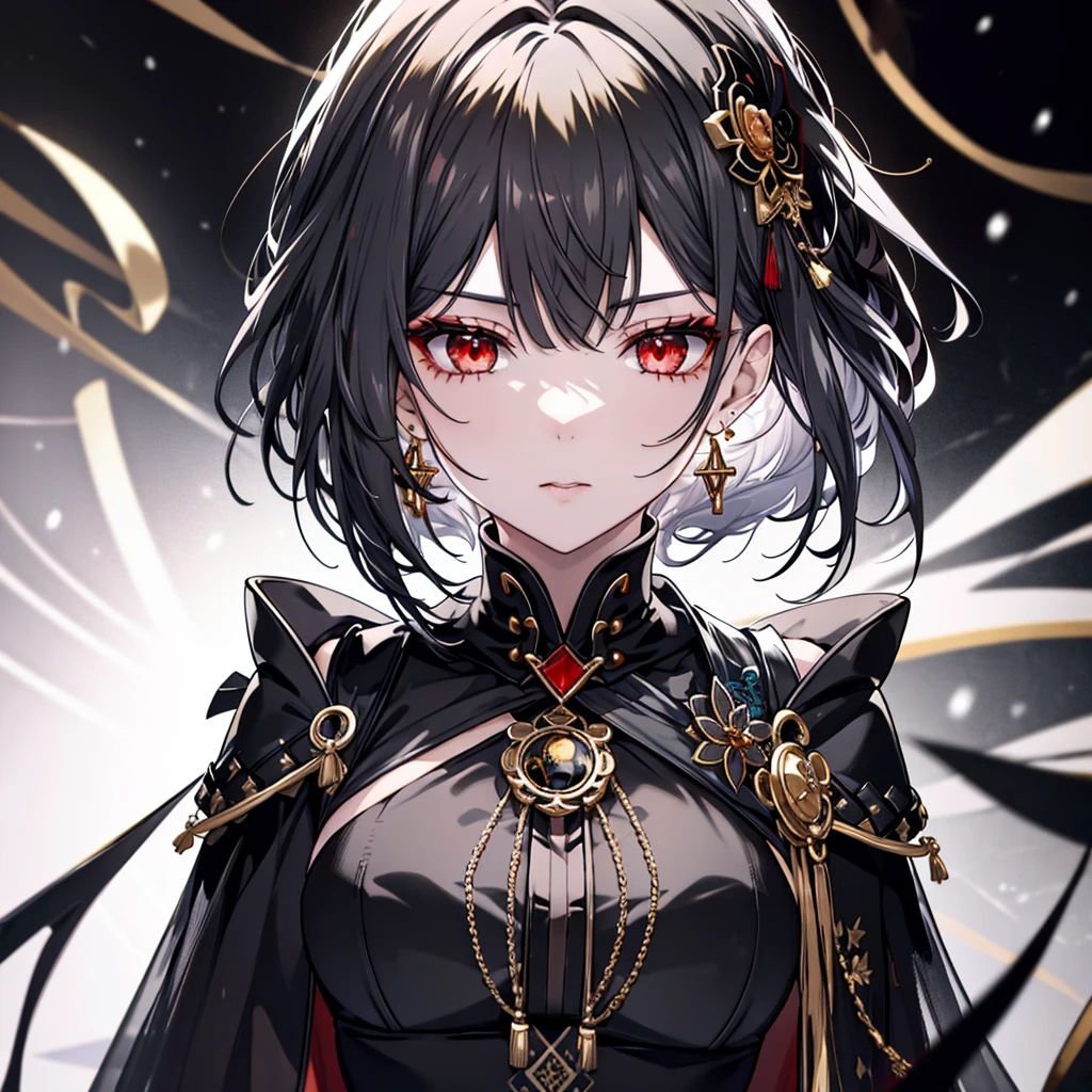 8k,High resolution RAW color art,Highest quality;1:2. Anime Art,Silver Marble Skin, (((Very detailed and cool))), Detailed skin, Bokeh、texture,(Exquisitely crafted, The finer details, Ultra-detailed art), (((1 girl))), Depth of written boundary, Silky Touch, Hyper Detail, (((Cool face))), eye shadow、Armed women, Beautiful detailed red eyes, Beautiful lip detail, Highly detailed face, Delicate depiction of hair and eyes, Detailed Fashion, Golden Earrings,Full body depiction, Black half top、Shoulder Bare、Black shorts、Waist Cloak、black tights、Golden decoration, Grey Hair, Golden bracelet, Straight Hair、Short Hair、(((Hair)))、Calm background、(((Black theme)))、snow、Side view、Crouch、look up