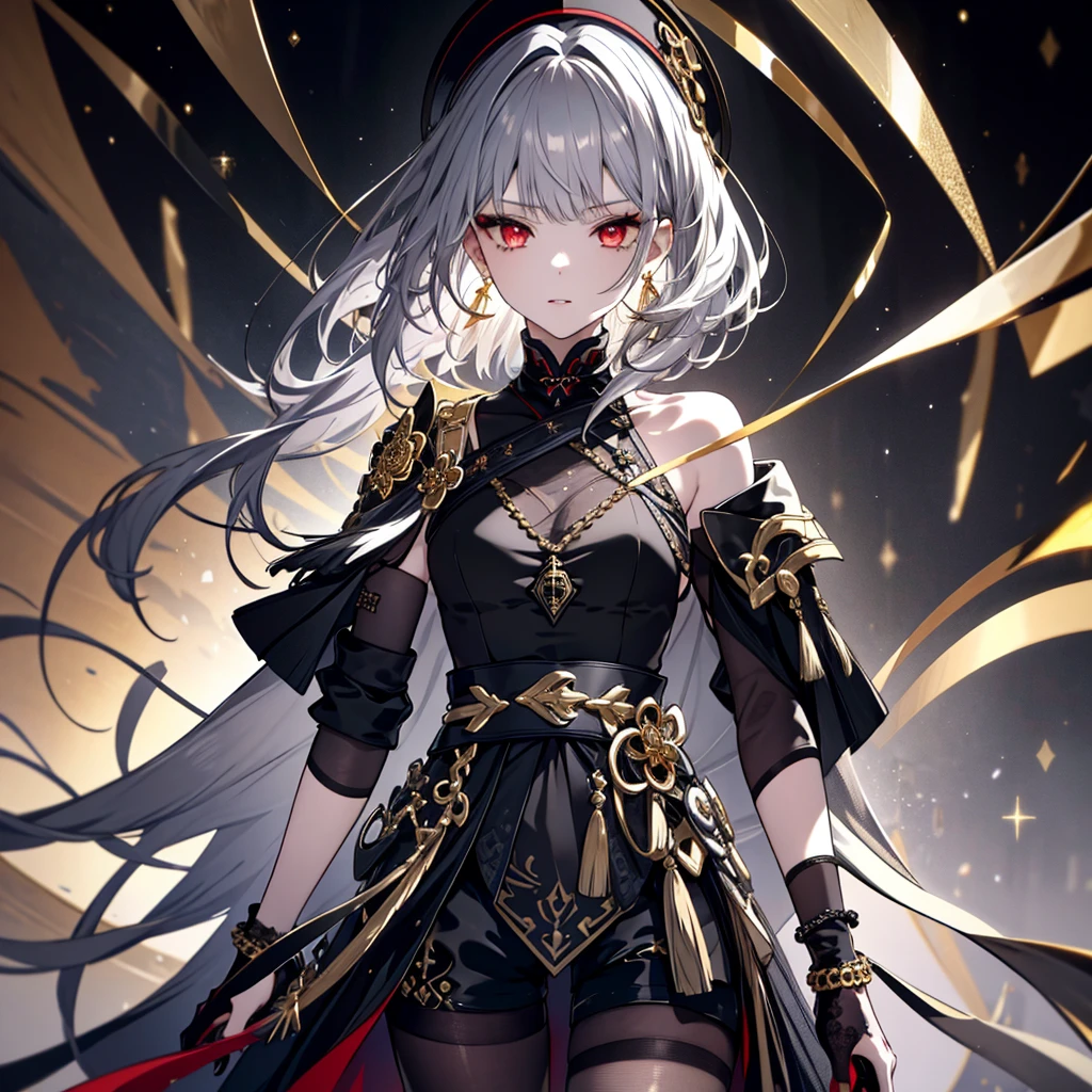 8k,High resolution RAW color art,Highest quality;1:2. Anime Art,Silver Marble Skin, (((Very detailed and cool))), Detailed skin, Bokeh、texture,(Exquisitely crafted, The finer details, Ultra-detailed art), (((1 girl))), Depth of written boundary, Silky Touch, Hyper Detail, (((Cool face))), eye shadow、Armed women, Beautiful detailed red eyes, Beautiful lip detail, Highly detailed face, Delicate depiction of hair and eyes, Detailed Fashion, Golden Earrings,Full body depiction, Black half top、Shoulder Bare、Black shorts、Waist Cloak、black tights、Golden decoration, Grey Hair, Golden bracelet, Straight Hair、Short Hair、(((Hair)))、Calm background、(((Black theme)))、snow、Side view、Crouch、look up