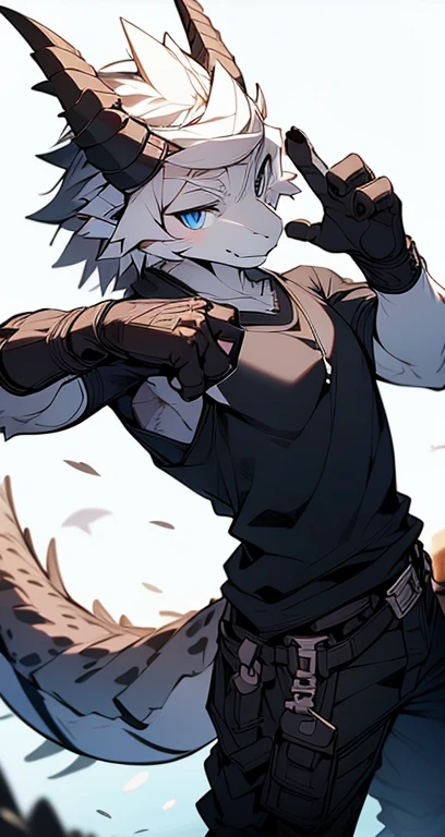 Masterpiece, Cool Pose, Furry Gray Dragon, Medium Strong Body, Blue Eyes, Grey Medium Hair, Combat Black Shirt, Combat Gloves, Combat Pants, Fierce, Good looking