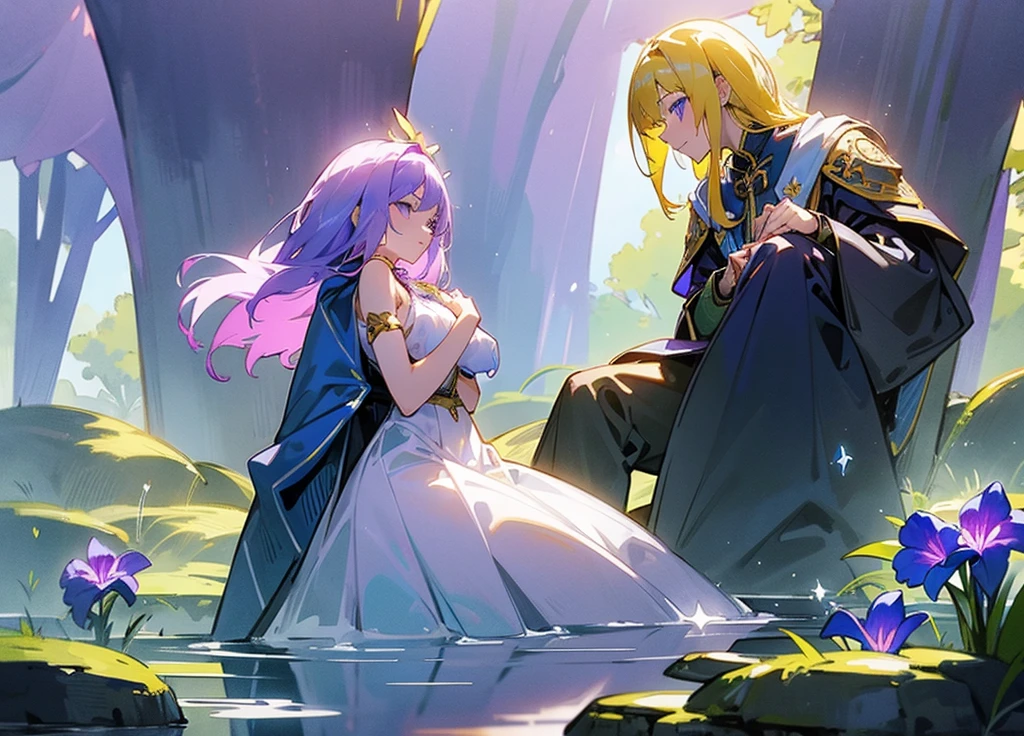 Two girls touching lips，A girl with purple hair，Transparent purple eyes，Another girl with yellow hair，Clear blue eyes，Medieval Lolita Style Clothing，Sit and hug，Look at each other affectionately，Cool，Violet，iris，Sunshine，Surrounded by greenery，Transparent stream flowing，Tyndall effect，Light up the fire，starlight：1.8，Clear shape，Detailed description of appearance：Perfect beautiful clear appearance，Normal human body，Transparent green，suspended congress, vaginale, anal, is ,is focus, is grab, standing, hug, leg lock, breast press,straddling,arms around neck, lifting person