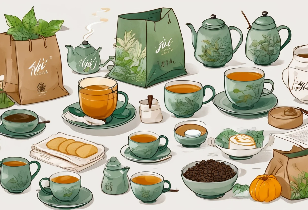 A set of tea sets for casual relaxation with illustrations,calligraphic fonts with green tones,coffee bags,paper bags,prints and accessories,with the theme of the harvest world,clean light gray background,(niji:2),hand-drawn,illustration style,