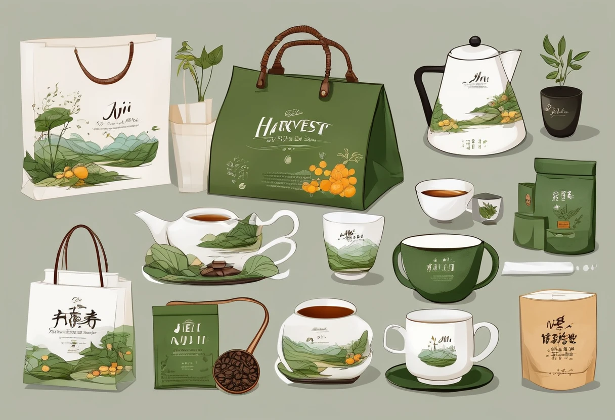 A set of tea sets for casual relaxation with illustrations,calligraphic fonts with green tones,coffee bags,paper bags,prints and accessories,with the theme of the harvest world,clean light gray background,(niji:2),hand-drawn,illustration style,