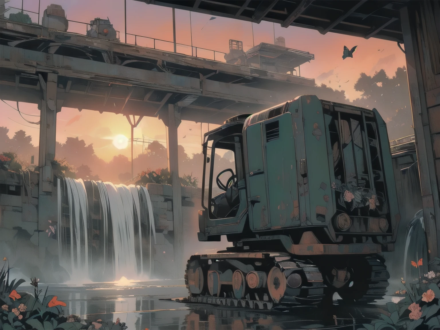 Detailed Machinery、Abandoned Factory、Atrium、(((Black flower garden)))、(((Rusty heavy equipment)))、Gorgeous light leaks、(((Sunset)))、fog、Detailed Background、Highest quality、(((No humans)))、Broken heavy machinery、Complex heavy machinery、Faint lighting、(((Fluttering black petals)))、sunset、(((Dull colors)))、(((Rusty detailed heavy machinery)))、(((Many black flowers fly)))、(((Heavy machinery covered in flowers)))、(((Lots of butterflies)))、(((Abandoned Garage)))、(((Submersion)))、(((waterfall from the ceiling)))、(((Heavy machinery falls over a waterfall))))、(((Red sunset)))