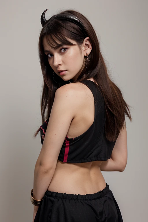 1 girl, 1 boy, horns, , pointed ears, wings, earrings, seraphim, Jewelry, White background, upper body, Red eyes, demon wings, demon horns, demon boy, simple background, back to back, Pink eyes, parted lips, black seraphim, Brown hair, demon girl, black hair, I look at the viewer, long hair, gakuran