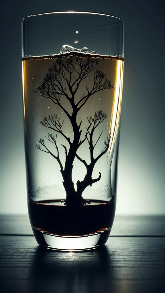 black color tree in a whisky glass, fluffy, Realistic, Refraction of atmospheric light, photograph：Lee Jeffries, Nikon d850 film stock photos 4 kodak portra 400 camera f1.6 Lenses, Rich colors, ultra Realistic Realistic textures, Dramatic lighting, Unreal Engine Trending on Artstation cinestill 800, Style-Glass