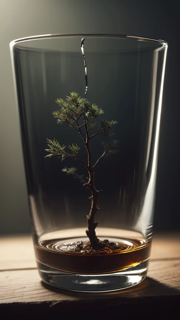 black color tree in a whisky glass, fluffy, Realistic, Refraction of atmospheric light, photograph：Lee Jeffries, Nikon d850 film stock photos 4 kodak portra 400 camera f1.6 Lenses, Rich colors, ultra Realistic Realistic textures, Dramatic lighting, Unreal Engine Trending on Artstation cinestill 800, Style-Glass