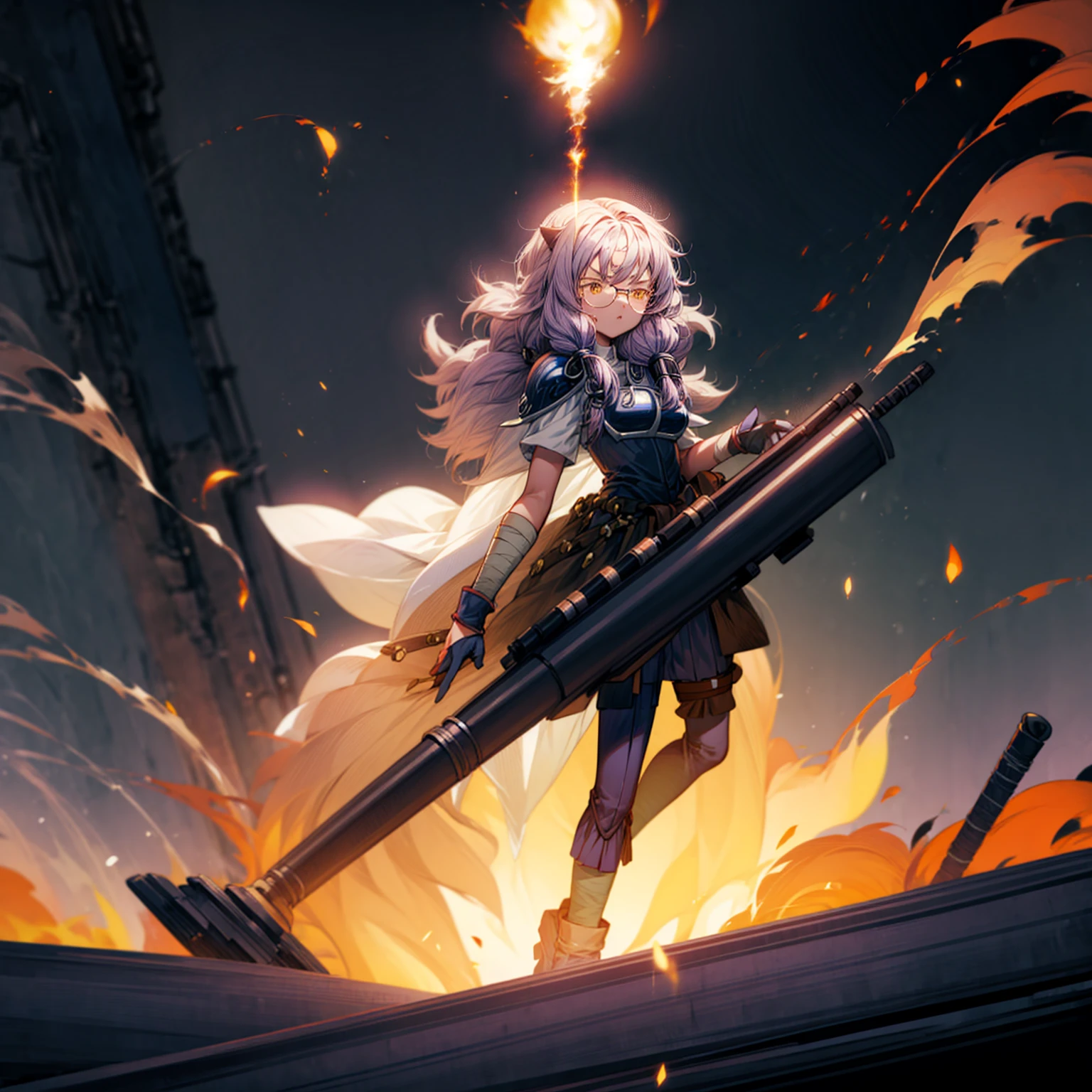 1girl, 1character, gold eyes, long Curly haircut, lavender color hair, army style clothing, white glasses, Long socks, boots army,  full iron armor, bandage on hand, Grassroots, background in fire city street, motion blur, (dragon ball style art), Big robot gun in hand, smoke effect, aura effect, Fire, lighting fire, plasma effect, fire city, (high angle view, full body view version, angry eyes)