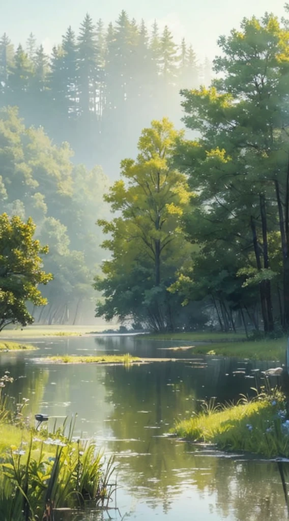 a small clearing in front of a forest lake, (Watercolor in Sargent style.)、(top quality、masterpiece)、soft light、Burton-on-Water, drawn on a foggy morning、River landscape、、Create an ethereal scene in a quiet morning misty meadow.。Paint with subtle and blurry brushes.、Capture the elusive nature of fog、Enhance the serene atmosphere of the countryside、place々Flower blossom、