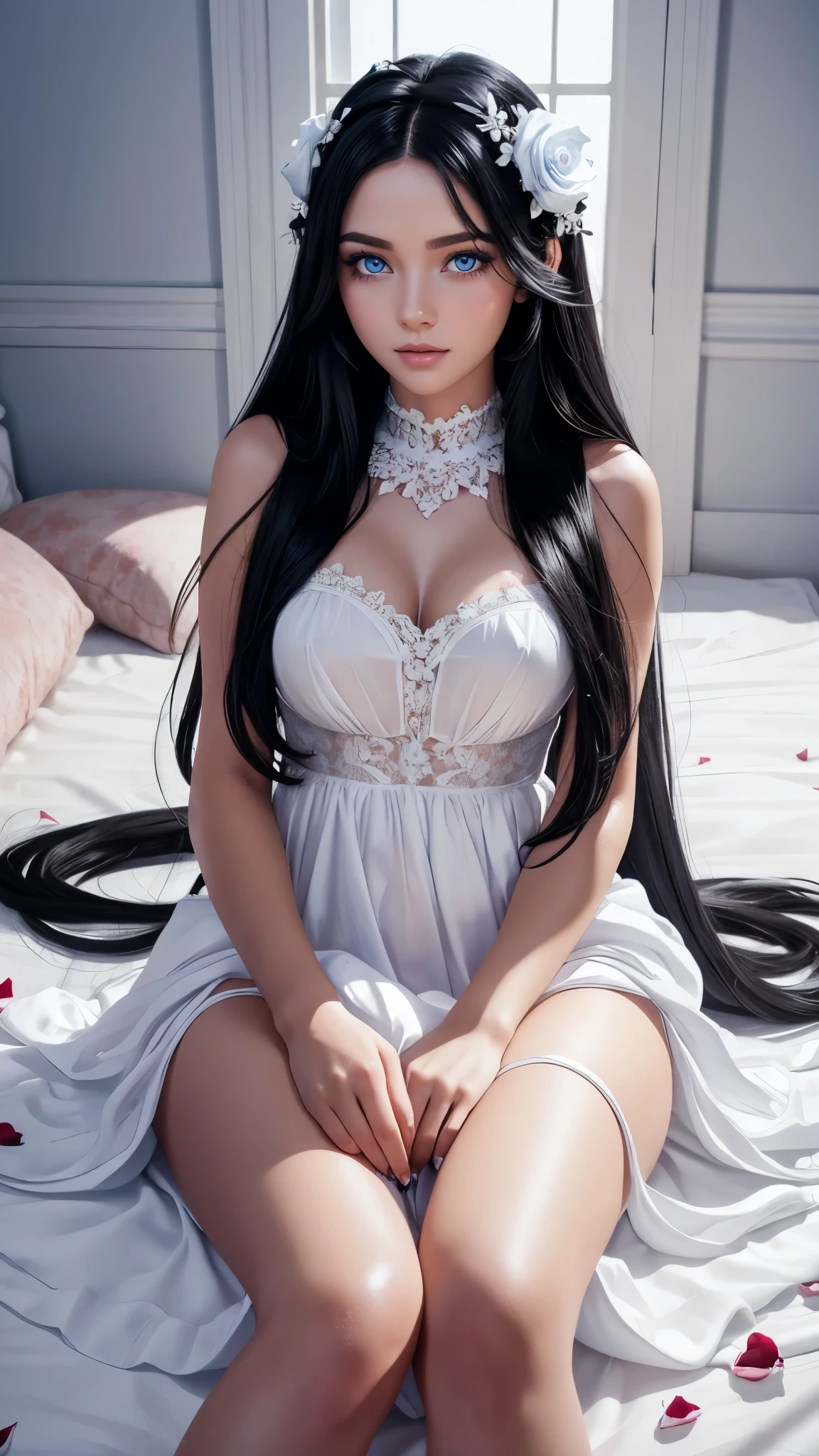 Beautiful black-haired girl with blue eyes and long hair, beautiful makeup wearing white dress inside a room sitting on a bed with rose petals photo shoot