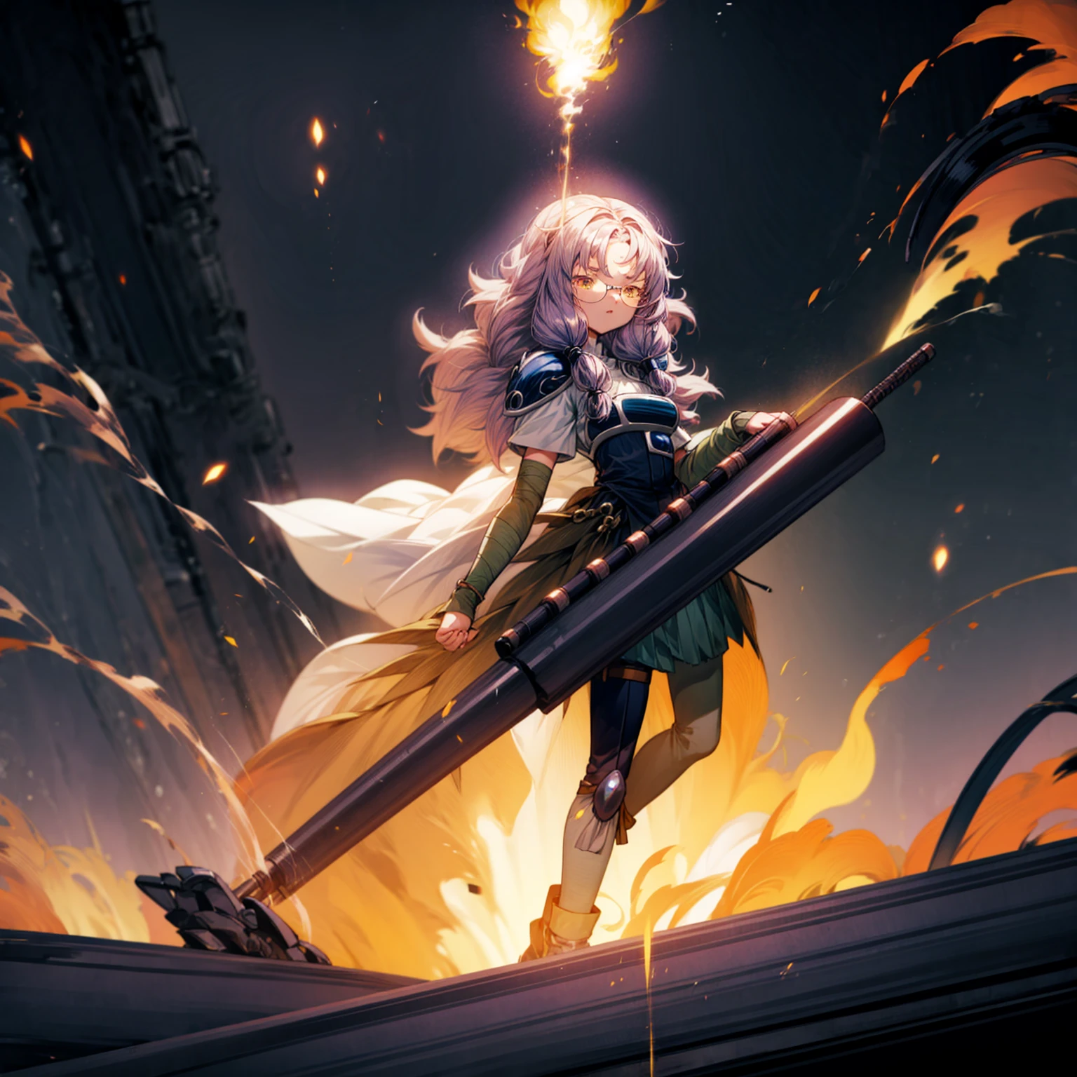 1girl, 1character, gold eyes, long Curly haircut, lavender color hair, army style clothing, white glasses, Long socks, boots army,  full iron armor, bandage on hand, Grassroots, background in fire city street, motion blur, (dragon ball style art), Big robot gun in hand, smoke effect, aura effect, Fire, lighting fire, plasma effect, fire city, (high angle view, full body view version, angry eyes)