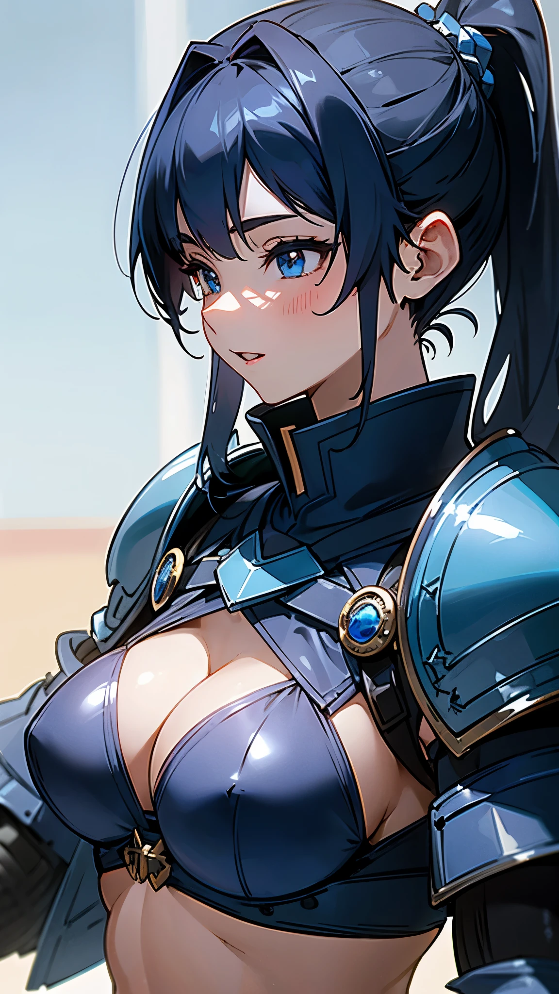 1 girl、8k、Sharp focus、(Bokeh) (Highest quality) (Detailed skin:1.3) (Intricate details) (anime)、Dark blue-black hair、Side Ponytail、Lightweight blue bikini armor、Blue gloves、Upper body close-up、From the side、Wicked Smile、Open your mouth