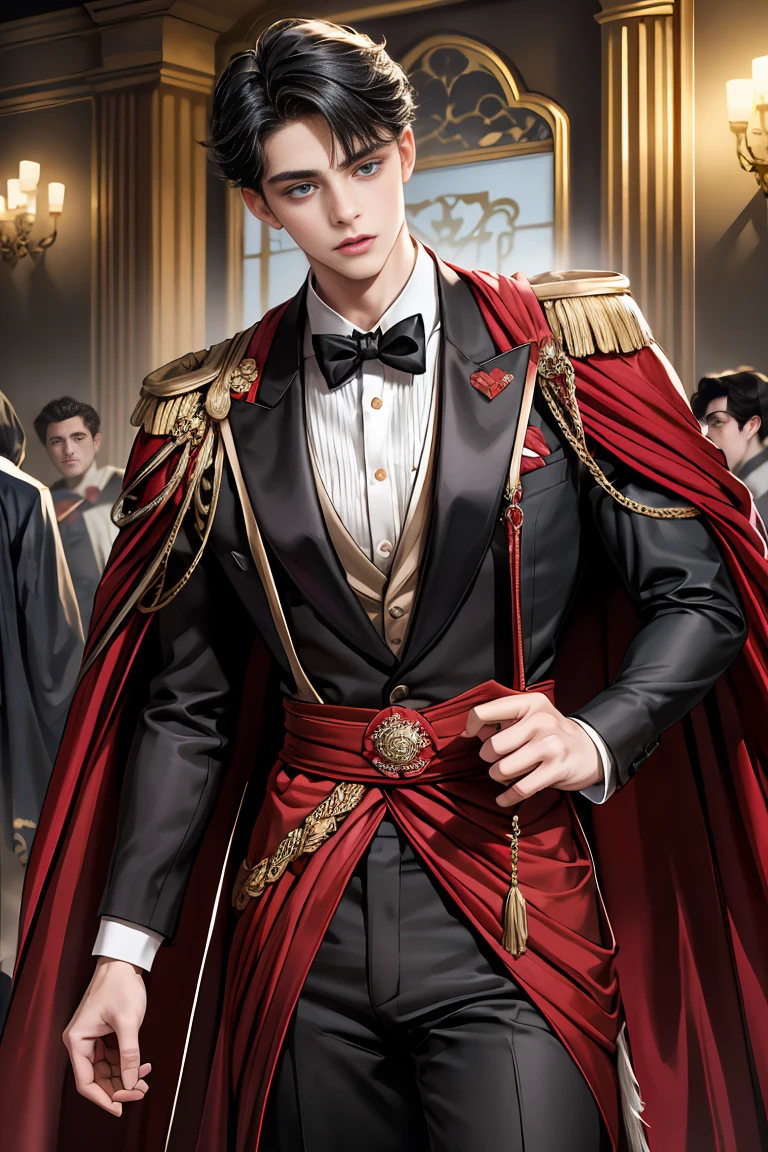 masterpiece, 最high quality, high quality, 1 boy, alone, Male focus, Watching the audience, Messy black hair, Adorable big blue eyes, White people, Noble, Noble,Sexy voluminous black and red cape、Tuxedo、A very voluminous, large, very large, very large, long, long red and black cape with a high stand-up collar, reaching down to the floor, made of a lot of fabric., ,Cute beautiful boys,Cute, cute, kind, handsome guy
