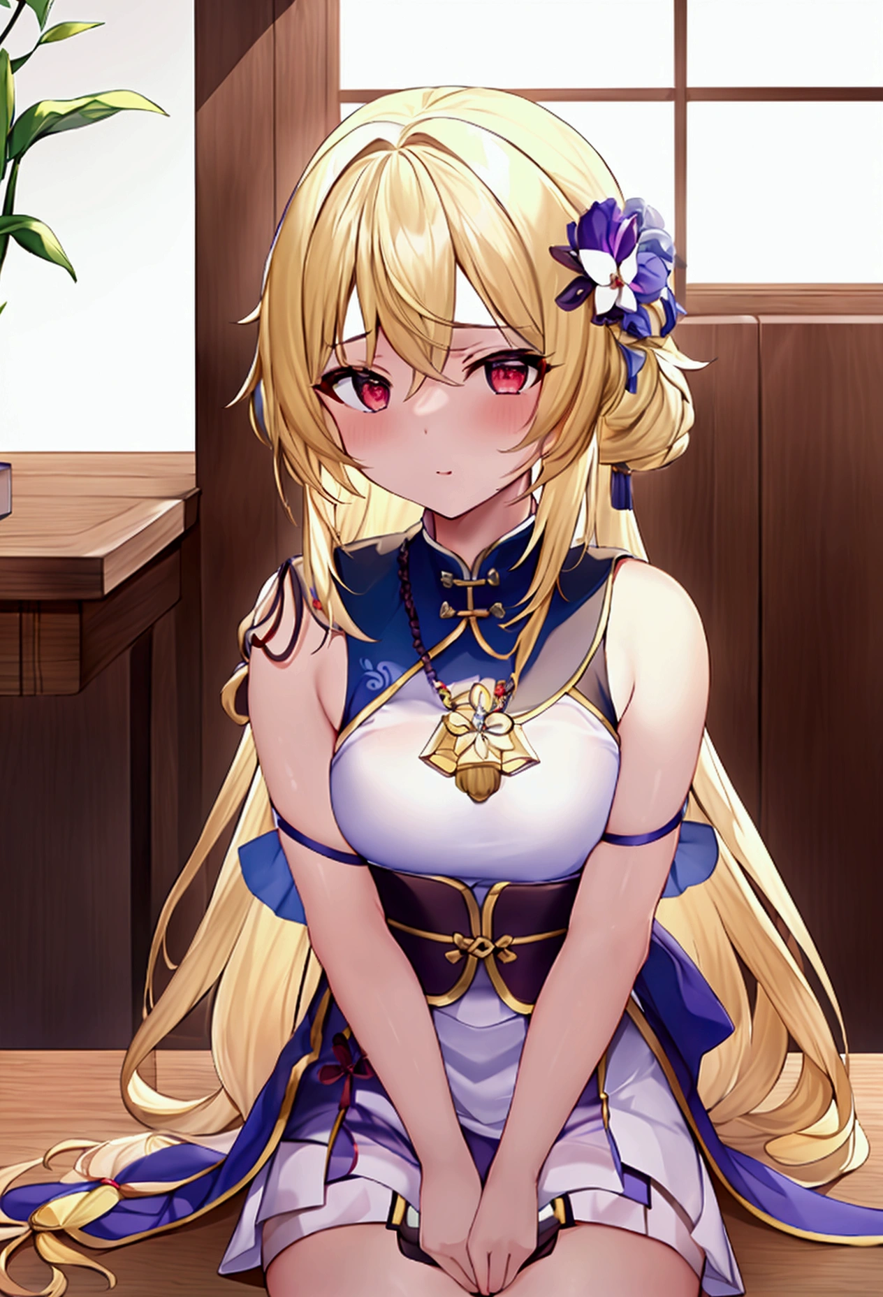 ((masterpiece,最好of质量, high resolution)), Keqing, 独自of, 绿Eye, Long blond hair tied with a blue ribbon, Bangs, sit, Cross your arms on the table, Sleeping with arms folded, Uniforms, White Seraph, Red sailor collar, Short sleeve, White pleated skirt, (In the library), 戏剧性of灯Light, Next to the window, afternoon light through the window, afternoon, 散景效果masterpiece, 最好of质量, very aesthetic, absurd, 1 Girl, Adult, In the desert ,1 beautiful girl，Tighten the body，Clothing details，衣服上有复杂of金线，Pearl Necklace,白色of skinned，Looking at the audience ,Light_(Genshin Impact_Influence), Genshin Impact_Influence, Blonde_hair, 短of_hair_and_长of_Lock, sideLock, of_Eye, hair_flower, hair_Decorations, flower, 白色of_flower,,In the desert, Desert Princess,surrounding by flowers,come down_flower瓣, outdoor, flower瓣,,,Blurred Background,background defocusing,