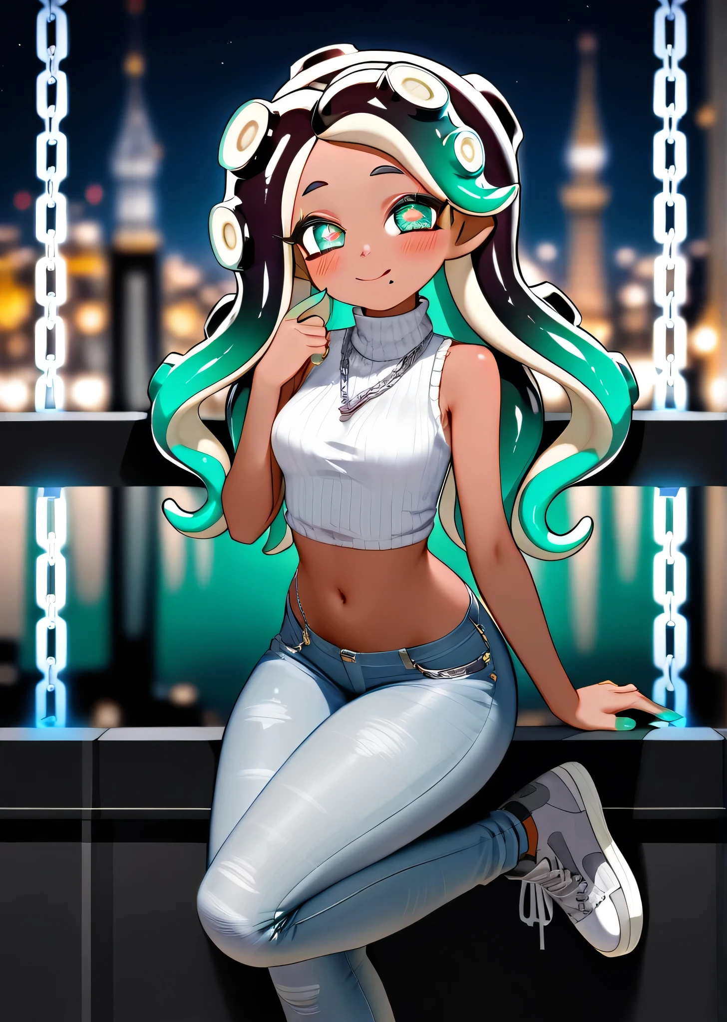 [marina], [splatoon], ((masterpiece)), ((HD)), ((high res)), ((beautiful render art)), ((solo portrait)), ((full body)), ((front view)), ((detailed shading)), ((intricate details)), {(slim figure), (dark skin tone), (brown skin), (cute green eyes), (pink pupils), (long eyelashes), (black tentacle hair), (two toned hair), (aqua-green highlights in hair), (hair bang), (beauty mark on face), (long green nails), (medium boobs), (curvy hips), (thick thighs), (beautiful legs), (blushing), (cute smile)}, {(white turtleneck sweater), (sleeveless), (navel), (white skinny jeans), (silver chain necklace), (grey sneakers)}, {(looking at viewer)}, [ambient lighting, city square]
