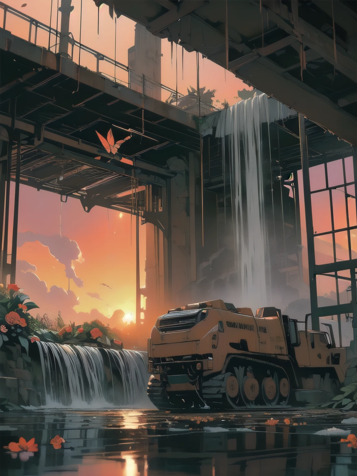 (((masterpiece, highest quality)))、(((32k wallpaper)))、Detailed Machinery、Abandoned Factory、Atrium、(((Black flower garden)))、(((Rusty heavy equipment)))、Gorgeous light leaks、(((Sunset)))、fog、Detailed Background、Highest quality、(((No humans)))、Broken heavy machinery、Complex heavy machinery、Faint lighting、sunset、(((Dull colors)))、(((Rusty detailed heavy machinery)))、(((Heavy machinery covered in flowers)))、(((Lots of butterflies)))、(((Abandoned Garage)))、(((Submersion)))、(((waterfall from the ceiling)))、(((Heavy machinery falls over a waterfall))))、(((Red sunset)))、(((Emotional)))、(((Detailed waterfall and water)))