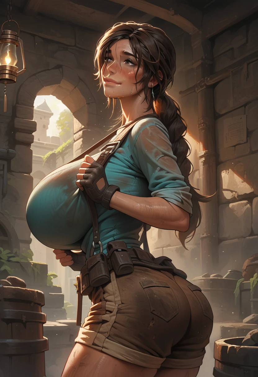 Lara Croft, hyper breasts, apartament, detailing face, detailing body, long shirt (turquoise color), brown shorts, dirty skin, brown shorts, look up, dirty skin, very sweaty, fingerless gloves, straps, Inside the dungeon, temple, cute smile, lantern in hand, detailing face, closed mouth, goes into the depths of the dungeon, back view