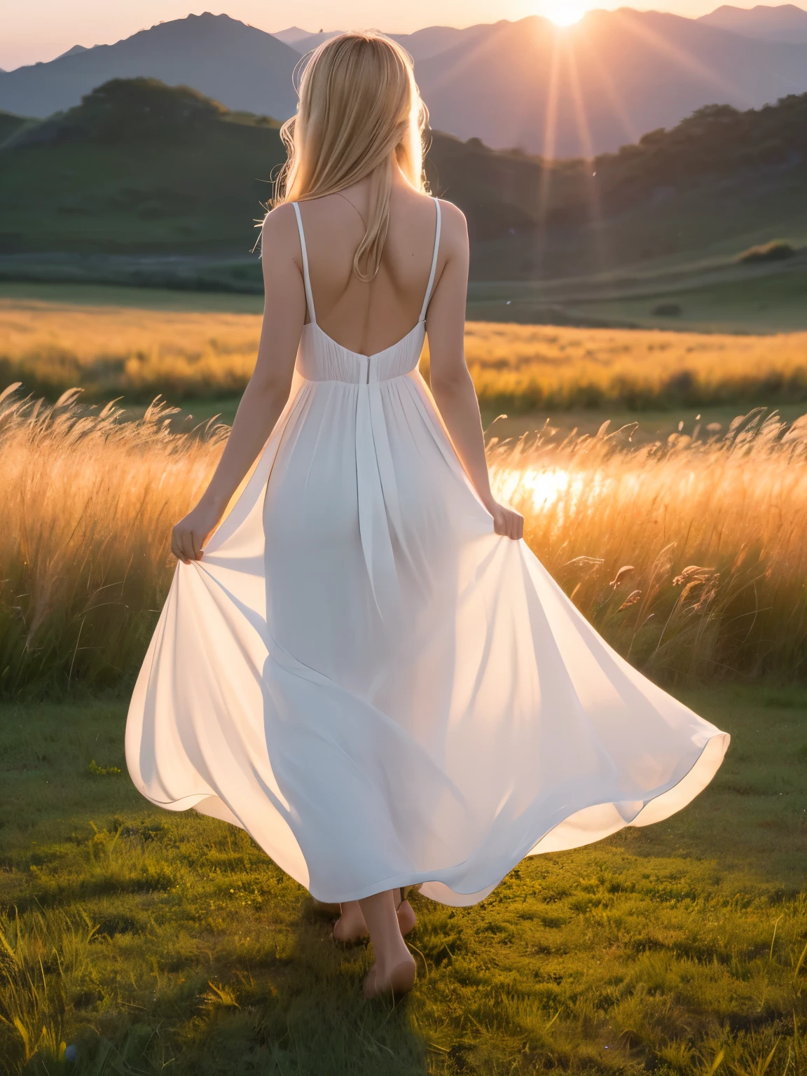 (((8k、High resolution、Highest quality、High resolution)))alone、Beautiful blonde mature woman、Walking towards the foreground in an open grassland at dawn with the rising sun at his back、Ultra-thin summer dress、Her thin white summer dress is backlit, The lines of the body are clearly visible、