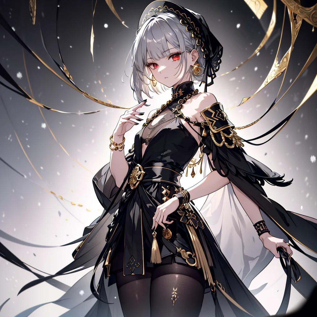 8k,High resolution RAW color art, Anime Art,Silver Marble Skin, (((Very detailed and cool))), Detailed skin, Bokeh、texture,(Exquisitely crafted, The finer details, Ultra-detailed art), (((1 girl))), Depth of written boundary, Silky Touch, Hyper Detail, (((Cool face))), eye shadow、Armed women, Beautiful detailed red eyes, Beautiful lip detail, Highly detailed face, Delicate depiction of hair and eyes, Detailed Fashion, Golden Earrings,Full body depiction, Black half top、Shoulder Bare、Black shorts、Waist Cloak、black tights、Golden decoration, Grey Hair, Golden bracelet, Straight Hair、Short Hair、(((Hair)))、Calm background、(((Black theme)))、snow、Side view、Crouch、look up
