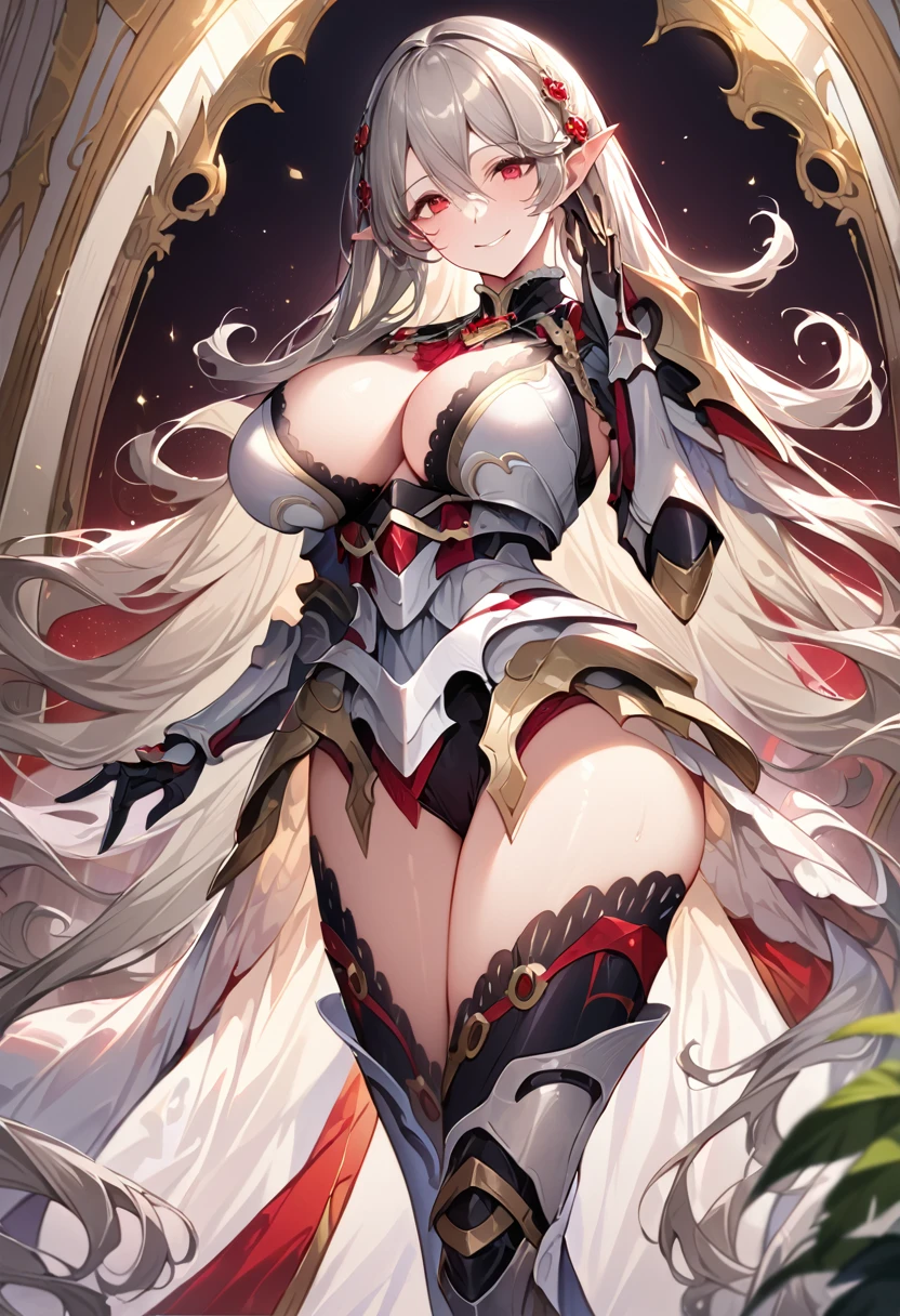 ((masterpiece)),((Highest quality)),High resolution,Extremely detailed CG,Perfect lighting,8k wallpaper、breast enhancement、looking at the camera、One Woman,Very long hair、Grey Hair、Red Eyes、Pointed Ears、Large Breasts、 very thick legs、barefoot、smile、Fascinating face、armor