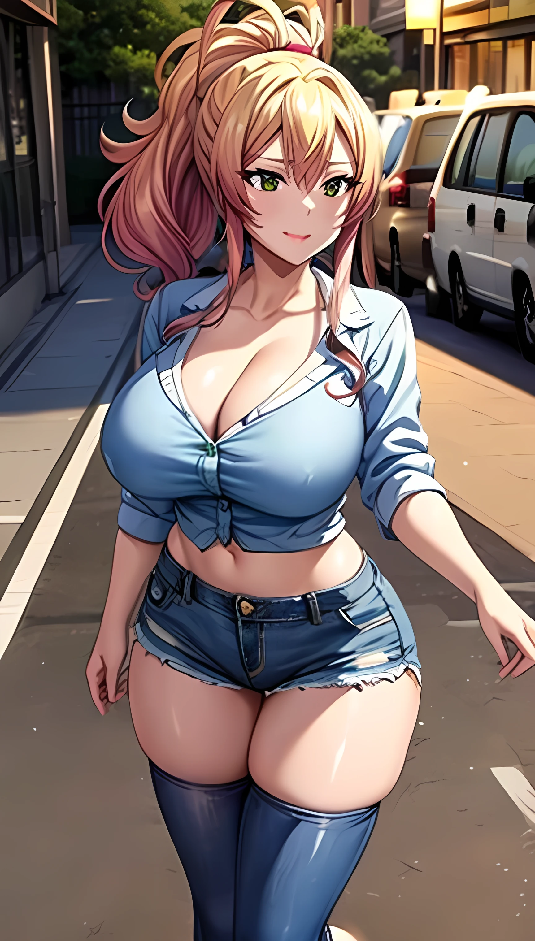 score_9, score_8_up, score_7_up, score_6_up, score_5_up, score_4_up, Very Huge, gyaru , 1women, solo, ((nude)), outdoor, night city, ((busty)), blonde hair, green eyes, ponytail hair, smile, detailed face , cleavage, collarbone, shirt, crop top, denim, short denim, stockings, loose shirt 