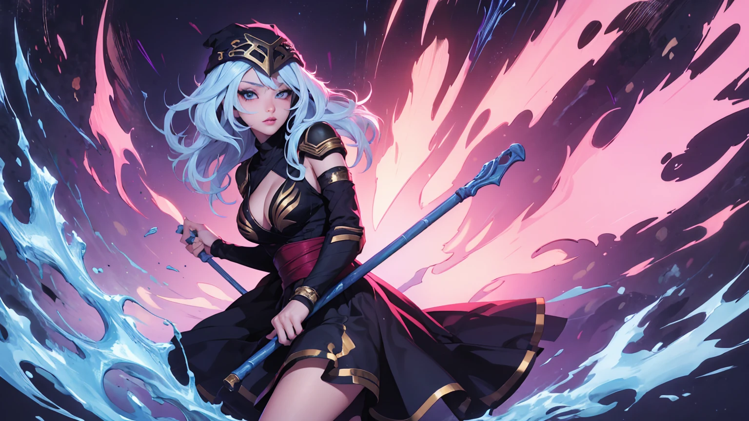 league of legends Ashe, warrior, (masterpiece, best quality), beautiful woman, soft light, hakama, short skirt, (cleveage), (off-the-shoulder clothes),wavy hair, asymmetrical bangs, perfect face, beautiful face, alluring, big gorgeous eyes, soft smile, perfect slim fit body, (standing), abstract background, bright colors, (risograph), medium breasts, (solo), sexy