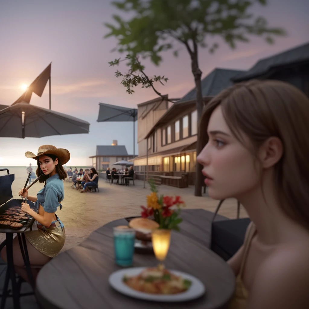 a terrace outdoors with tables and people eating, detailed dining scene,, beautiful detailed eyes, beautiful detailed lips, extremely detailed eyes and face, long eyelashes, beautiful woman sitting at the table, elegant dress, warm lighting, golden hour, soft focus, mouthwatering food on the table, vibrant colors, photorealistic, 8k, hyper detailed, cinematic composition, natural lighting, masterpiece