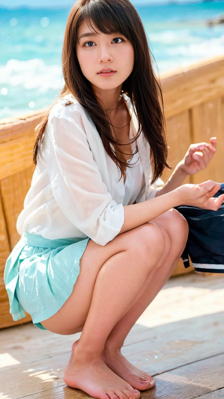 (((Top-down configuration:1.33)))、((No underwear:1.55))、One Girl、Beautiful and detailed eyes and face、barefoot、20 year old cute Japan woman, ((Extremely precise and accurate anatomy:1.0)), (photo Realistic:1.4), (hyper Realistic:1.4), (最高品質のRealisticな肌の質感:1.4), (Improvement of quality:1.4), (Enhances the beauty of skin texture:1.1), Clean and glowing skin, mesh, thin:1.2, (Realistic:1.3), Realisticなライティング, (Smoother lighting:1.05), (Improving the quality of cinema lighting:0.9), Backlight, A gentle light on your face, Ray Tracing, (Bright light:1.2), 32k, One Japanese woman, fine grain, Detailed face, (Film Grain:1.1),(Accentuates body lines:1.1), High resolution, Natural look, Kind eyes, Improves hair quality, Delicate light and shadow, Transparent muscles, Graceful pose, Beautiful Eyes, Sharp details, Soft light reflection, Beautiful contours, Delicate skin tone, Fine hair texture, Natural background, (((sunny day、Beach、A strong wind is blowing、Her hair and skirt are flying、Squat, Traditional navy blue sailor uniform、Open shirt、Pleated skirt、Scooping seawater with hands:1.25、splash、Sandy Beach、Light of the sun、clear blue sea、The waves crash quietly、Blue sky and white clouds、green mountain々、Beautiful Nature、The joys of youth)))、