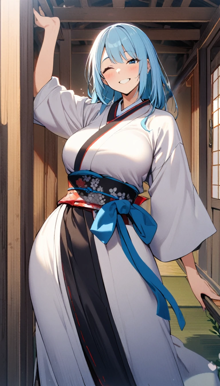 1girl,long face,short sky blue hair, traditional Japanese dress,joyful smile,perfect body,curvy,standing,closer,