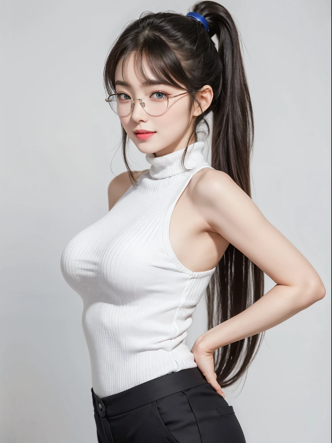 (Best quality, masterpiece, detailed), (RAW, 4k, hd images), shy, 1 girl, , white skin, long hair, ponytail, layers hair, bangs, black hair, beautiful girl, cute girl, sweet girl, pretty girl, perfect girl, pretty eyes, blue eyes, thin lips, thin, eye line, perfect round breast, glasses(detailed frame), simple background, smile, thigh, legs, sleeveless turtleneck clothes, short pants, standing, side angle capture, half body, side breast
