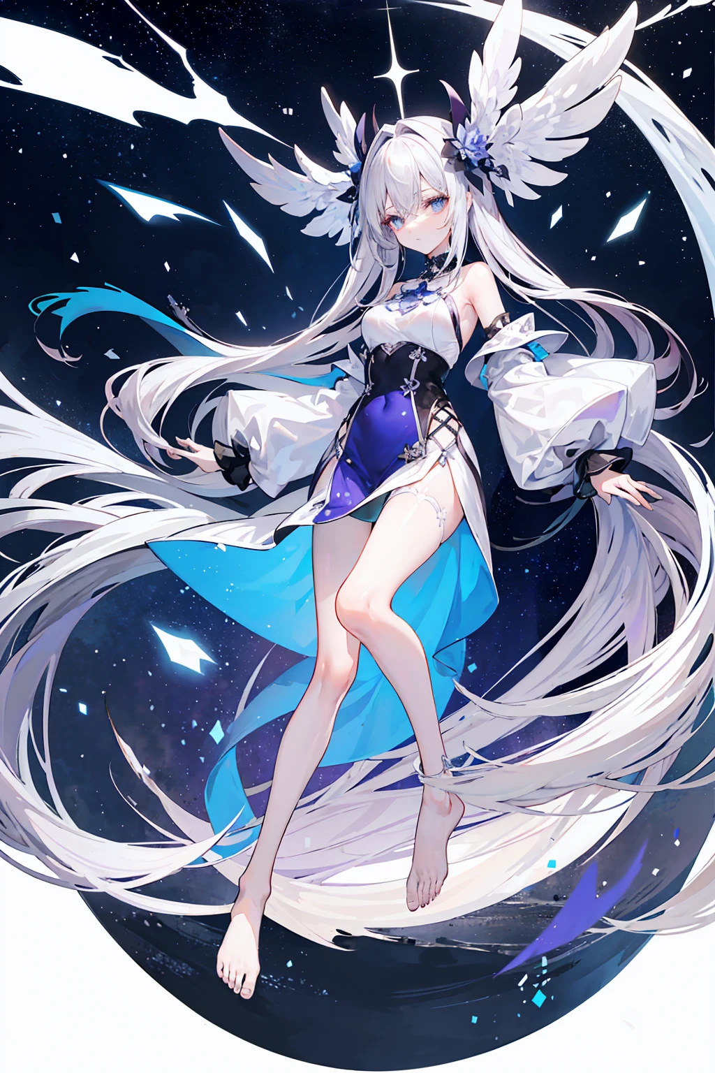 Lilac gradient hair,Asymmetrical hair,((Hair is very thick 1.8,Hair is well-defined1.6)), Hair over the shoulder, messy hair, Very long hair, shinny hair,(Long gray hair:1.2),A beautyful girl,(Luxury Platinum Mini Ultra Short Platinum ta,Made of transparent material),(Transparent clothes transparent 1.8),perfect body figure,big thin legs,slenderness,(looking sad,Haggard complexion ,grieves,close your mouth:1.2) Against the backdrop of an unusually bright dark starry sky,(Place your hands behind your back),(Round,tuba, firm breast),Barefoot,afloat,waterface,(long leges,long leges,long leges,Perfect leg shape),Full body photo。